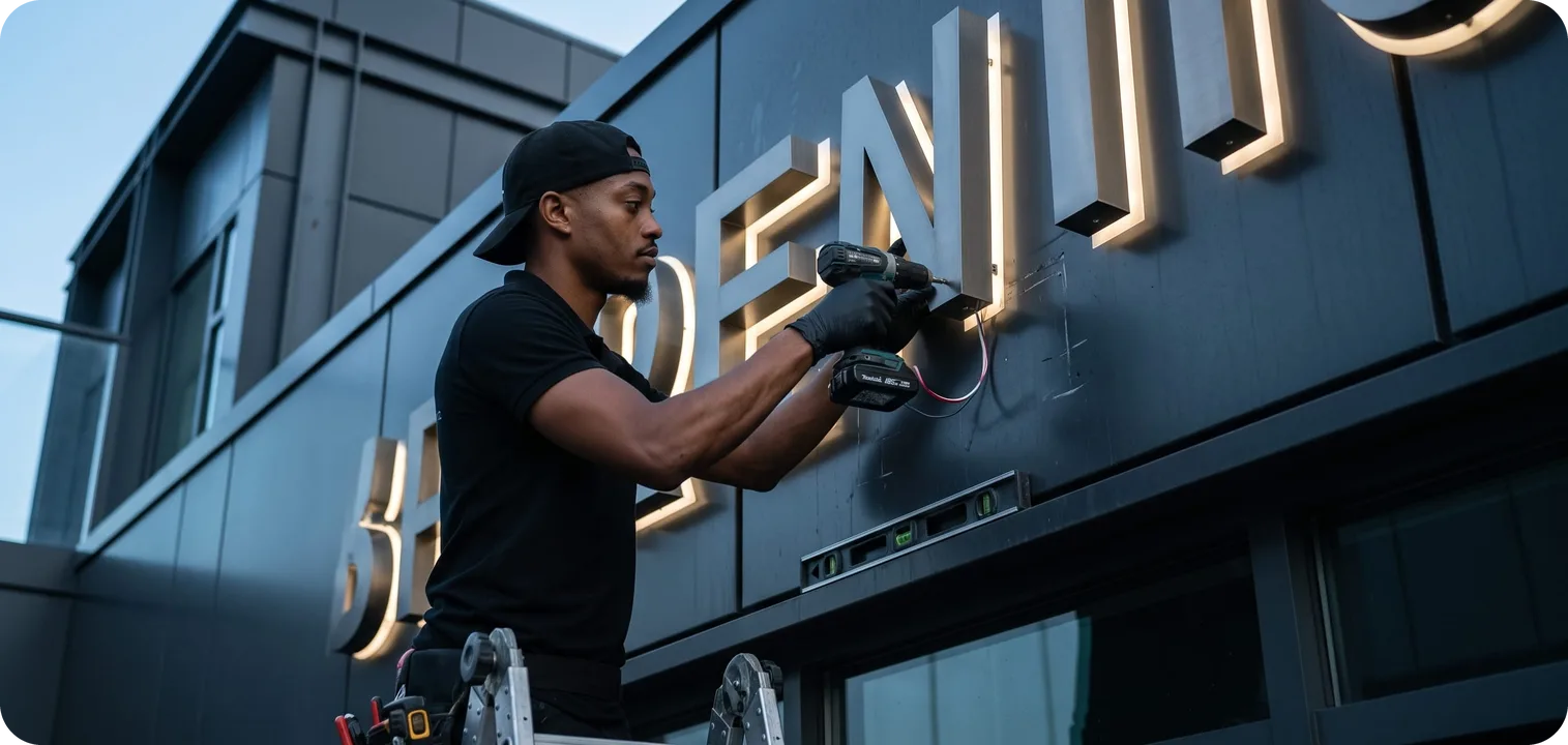 Pose d’enseigne lumineuse en Martinique – Magik Wrap Technicien Magik Wrap installant une enseigne lumineuse en lettres relief sur une façade
