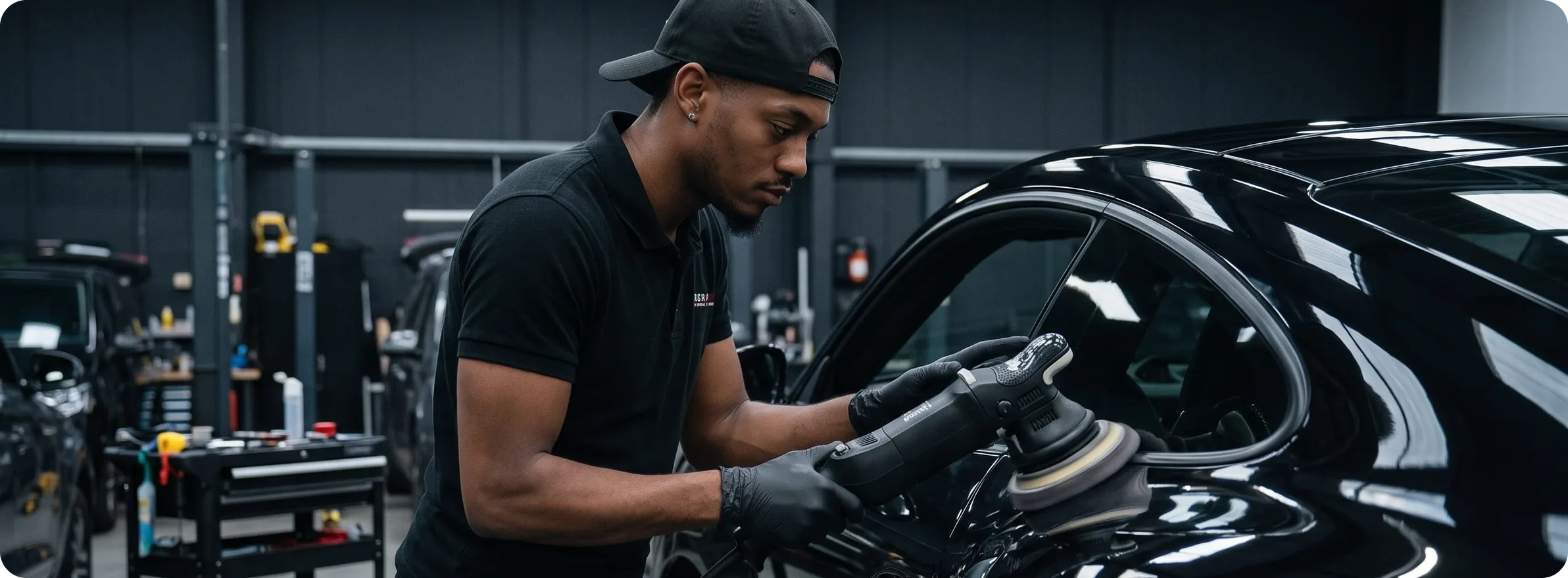 Esthétique auto et polissage carrosserie en Martinique – Magik Wrap Technicien Magik Wrap polissant la carrosserie d’une voiture noire à la polisseuse
