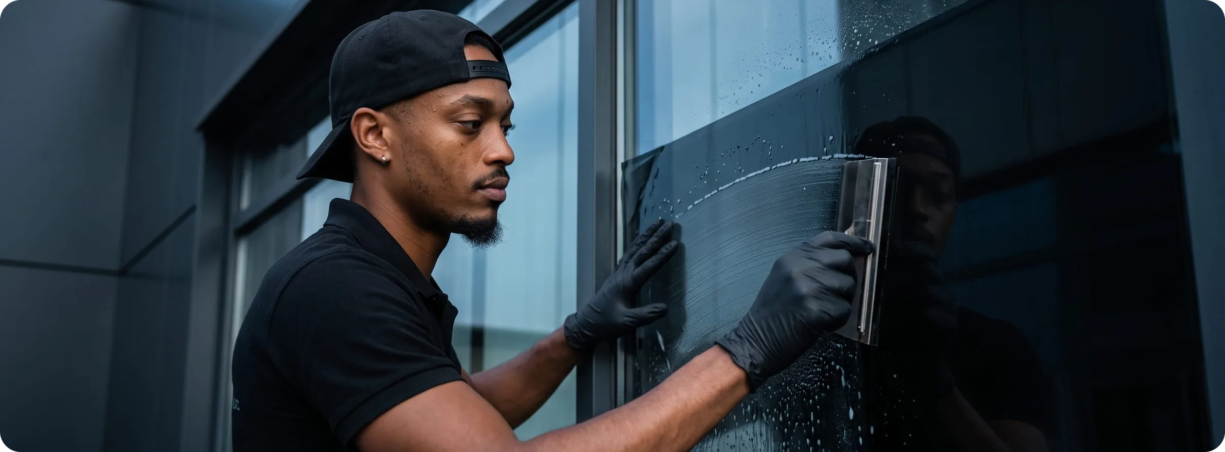 Film solaire pour vitrage de bâtiment en Martinique – Magik Wrap Technicien Magik Wrap posant un film solaire teinté sur le vitrage d’un bâtiment