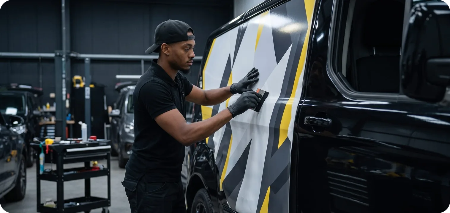 Marquage et covering de véhicule utilitaire en Martinique – Magik Wrap Technicien Magik Wrap posant un covering graphique sur la portière d’un utilitaire noir